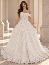 White Asymmetrical Off-the-Shoulder Floral Lace Wedding Dress with Layered Tulle Skirt