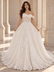 White Asymmetrical Off-the-Shoulder Floral Lace Wedding Dress with Layered Tulle Skirt