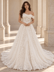 White Asymmetrical Off-the-Shoulder Floral Lace Wedding Dress with Layered Tulle Skirt