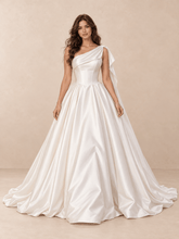 White Asymmetrical One-Shoulder Satin A-Line Wedding Dress with Train