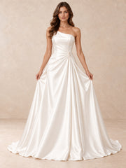 White Asymmetrical One-Shoulder Sleeveless Satin A-Line Wedding Dress