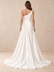 White Asymmetrical One-Shoulder Sleeveless Satin A-Line Wedding Dress