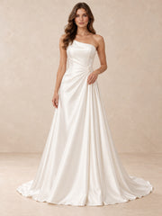 White Asymmetrical One-Shoulder Sleeveless Satin A-Line Wedding Dress