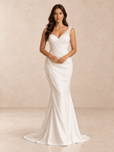 White Asymmetrical Sweetheart Mermaid Wedding Dress with Organza Draping