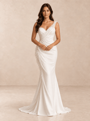 White Asymmetrical Sweetheart Mermaid Wedding Dress with Organza Draping