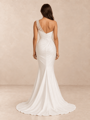 White Asymmetrical Sweetheart Mermaid Wedding Dress with Organza Draping