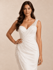 White Asymmetrical Sweetheart Mermaid Wedding Dress with Organza Draping