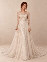 Ivory Bateau Neck Long Sleeve Lace Sequin A-Line Wedding Dress
