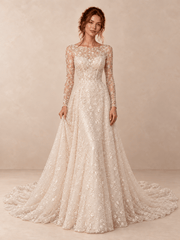 Ivory Bateau Neck Long Sleeve Lace Sequin A-Line Wedding Dress