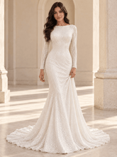 White Bateau Neckline Long Sleeve Sequin Mermaid Wedding Dress