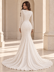 White Bateau Neckline Long Sleeve Sequin Mermaid Wedding Dress