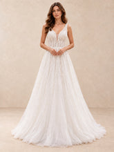 White Beaded V-Neck Tulle A-Line Wedding Dress with Low V-Back