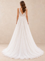 White Beaded V-Neck Tulle A-Line Wedding Dress with Low V-Back