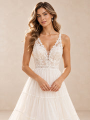 White Boho Lace V-Neck Tiered A-Line Wedding Dress