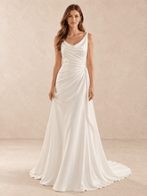 White Cowl Neck Draped Cowl Satin Wedding Dress with Sweep Train