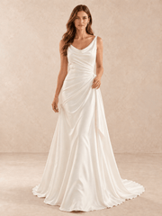 White Cowl Neck Draped Cowl Satin Wedding Dress with Sweep Train
