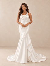 White Draped Halter Mermaid Wedding Dress with Sculpted Overskirt
