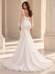 White Draped Satin Fit-and-Flare Wedding Dress with Sheer Long Sleeves