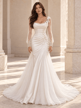 White Draped Satin Fit-and-Flare Wedding Dress with Sheer Long Sleeves