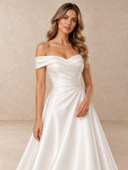 White Draped Satin Off-the-Shoulder A-Line Wedding Dress