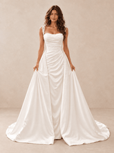 White Draped Satin Wedding Dress with Pearl-Beaded Straps