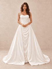 White Draped Satin Wedding Dress with Pearl-Beaded Straps