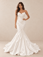 White Draped Sweetheart Satin Mermaid Wedding Dress with Pearl Details