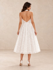 White Floral Lace Halter Tea-Length Wedding Dress with Open Back
