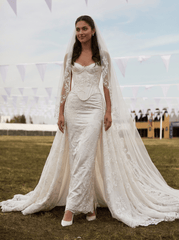 White Floral Lace Satin Corset Wedding Dress with Sheer Overlay Skirt