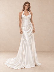White Halter Neck Satin Mermaid Wedding Dress with Asymmetric Draping