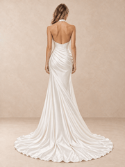 White Halter Neck Satin Mermaid Wedding Dress with Asymmetric Draping