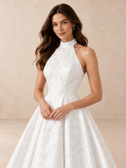 White Jacquard High Halter Ball Gown Wedding Dress with Sweep Train