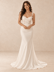 White Lace Appliqué Satin Mermaid Wedding Dress with Chapel Train