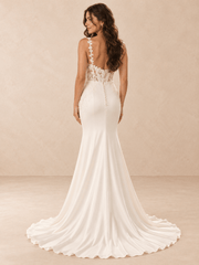White Lace Appliqué Satin Mermaid Wedding Dress with Chapel Train