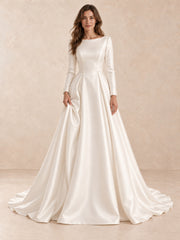 White Long Sleeve Bateau Neck Satin Wedding Dress with Sweep Train