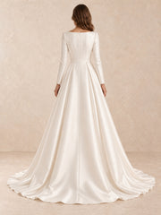 White Long Sleeve Bateau Neck Satin Wedding Dress with Sweep Train