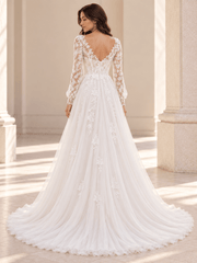 White Long Sleeve Lace Appliqué Wedding Dress With Tulle Skirt and Slit