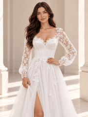 White Long Sleeve Lace Appliqué Wedding Dress With Tulle Skirt and Slit