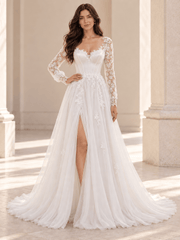 White Long Sleeve Lace Appliqué Wedding Dress With Tulle Skirt and Slit