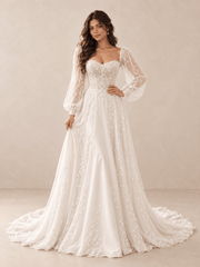 White Long Sleeve Sweetheart A-Line Wedding Dress with Vine Appliqués