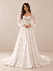 White Long Sleeve Sweetheart A-Line Wedding Dress with Vine Appliqués