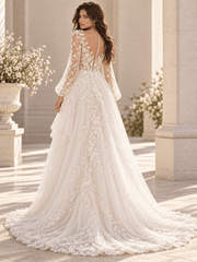 White Long Sleeve V-Neck Lace A-Line Wedding Dress with Botanical Appliqué