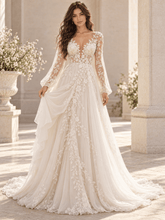 White Long Sleeve V-Neck Lace A-Line Wedding Dress with Botanical Appliqué