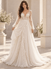 White Long Sleeve V-Neck Lace A-Line Wedding Dress with Botanical Appliqué
