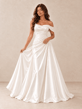 White Off-the-Shoulder Beaded Satin A-Line Wedding Dress with Draped