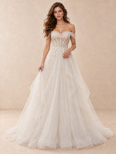 White Off-the-Shoulder Beaded Tulle Ball Gown Wedding Dress