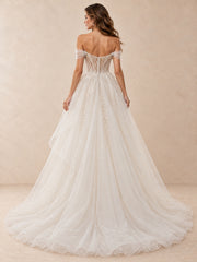 White Off-the-Shoulder Beaded Tulle Ball Gown Wedding Dress