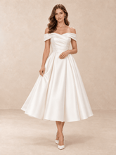 White Off-the-Shoulder Draped Mikado Tea-Length Wedding Dress