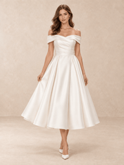 White Off-the-Shoulder Draped Mikado Tea-Length Wedding Dress