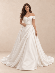 White Off-the-Shoulder Draped Satin A-Line Wedding Dress with Beaded Waist